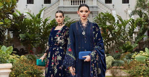 Maria B -3 Piece Unstitched Embroidered Velvet Shawl Suit WL-1312-Navy Blue