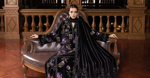 Maria B - 3 Piece Unstitched Embroidered Velvet Suit WL-1306-Black and Purple