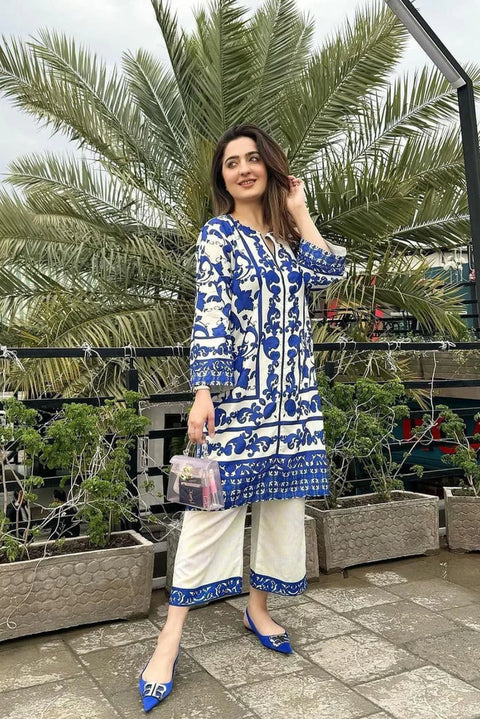 Shamoze Silk - 3 Piece - Digital Print - Blue & White Floral