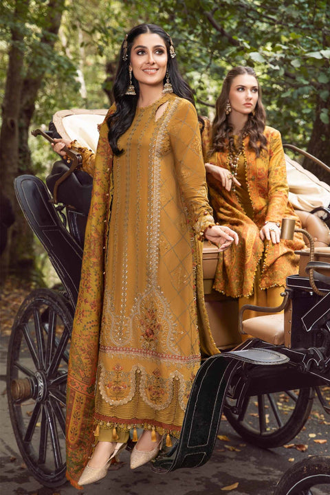 Maria B - 3PC LAWN EMBROIDERED SHIRT WITH CHIFFON EMBROIDERED DUPATTA AND TROUSER - Mustard DL-1110