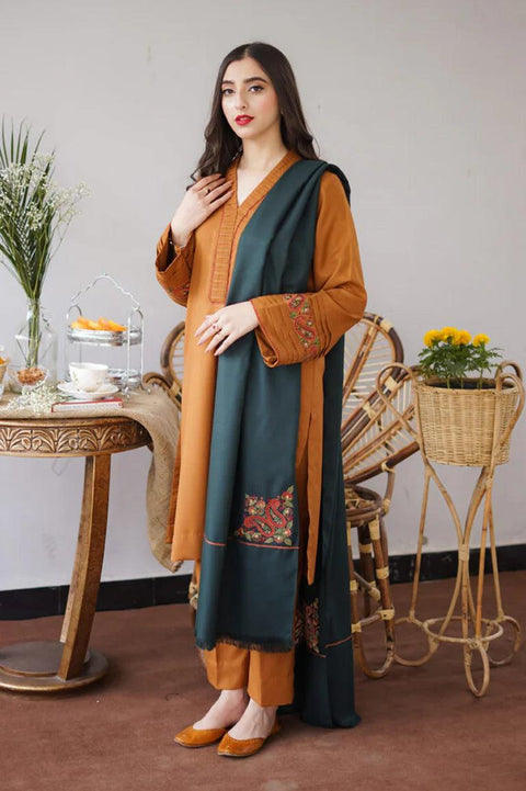 AISLING - 3PC DHANAK EMBROIDERED SHIRT WITH DHANAK PRINTED SHAWL AND TROUSER- KPR 1332