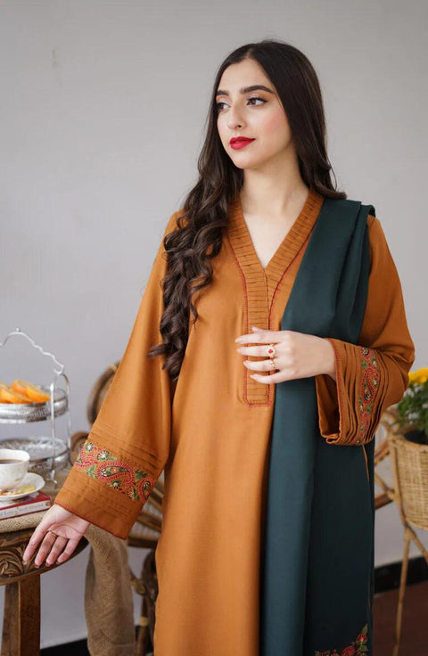 AISLING - 3PC DHANAK EMBROIDERED SHIRT WITH DHANAK PRINTED SHAWL AND TROUSER- KPR 1332
