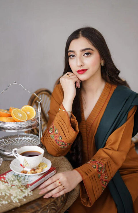 AISLING - 3PC DHANAK EMBROIDERED SHIRT WITH DHANAK PRINTED SHAWL AND TROUSER- KPR 1332