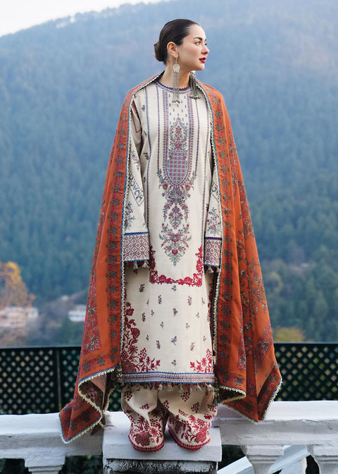 HUSSAIN REHAR - 3PC LAWN  EMBROIDERED SHIRT WITH EMBROIDERED DUPATTA AND COTTON TROUSER - KPR-90