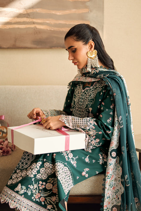 QALAMKAR - 3PC LAWN EMBROIDERED SHIRT WITH VOIL PRINTED SHAWL AND TROUSER - FK-13 ELIZA