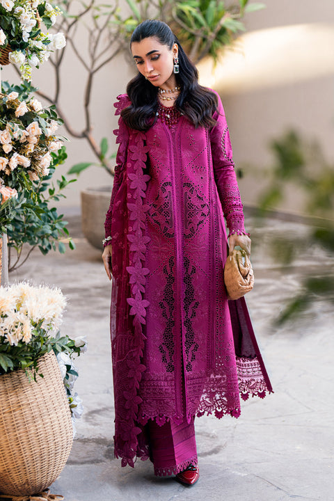 QALAMKAR - 3PC LAWN EMBROIDERED SHIRT WITH JACQUARD WEAVED EMBROIDERED DUPATTA AND COTTON TROUSER - KPR-FK-11 VIOLET
