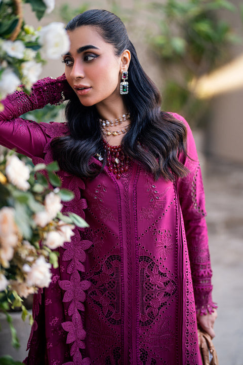 QALAMKAR - 3PC LAWN EMBROIDERED SHIRT WITH JACQUARD WEAVED EMBROIDERED DUPATTA AND COTTON TROUSER - KPR-FK-11 VIOLET