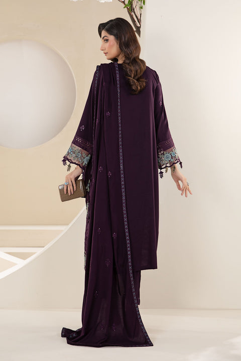 MARIA B - 3PC DHANAK EMBROIDERED SHIRT WITH DHANAK EMBROIDERED SHAWL AND TROUSER - KPR-20-Purple