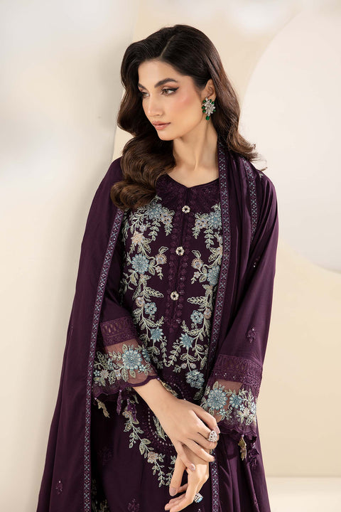 MARIA B - 3PC DHANAK EMBROIDERED SHIRT WITH DHANAK EMBROIDERED SHAWL AND TROUSER - KPR-20-Purple