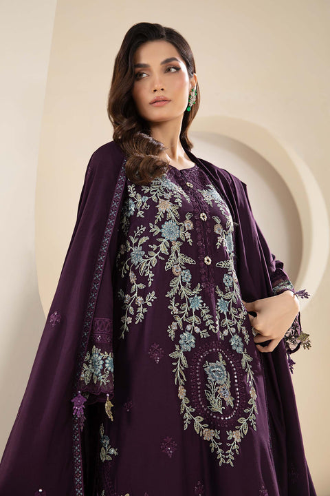 MARIA B - 3PC DHANAK EMBROIDERED SHIRT WITH DHANAK EMBROIDERED SHAWL AND TROUSER - KPR-20-Purple