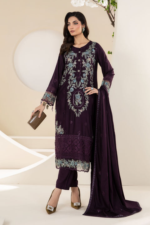 MARIA B - 3PC DHANAK EMBROIDERED SHIRT WITH DHANAK EMBROIDERED SHAWL AND TROUSER - KPR-20-Purple
