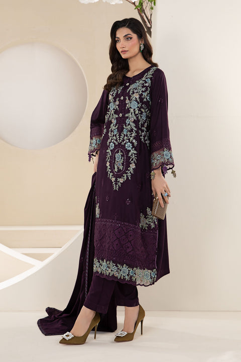 MARIA B - 3PC DHANAK EMBROIDERED SHIRT WITH DHANAK EMBROIDERED SHAWL AND TROUSER - KPR-20-Purple