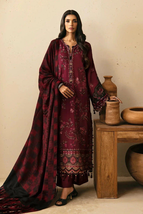 ETHNC - 3PC DHANAK EMBROIDERED SHIRT WITH TWILL PRINTED SHAWL AND TROUSER - KPR1928