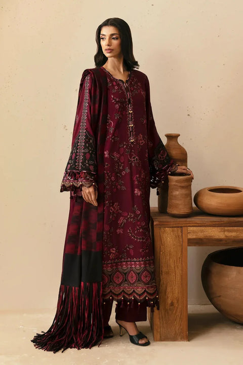 ETHNC - 3PC DHANAK EMBROIDERED SHIRT WITH TWILL PRINTED SHAWL AND TROUSER - KPR-1928