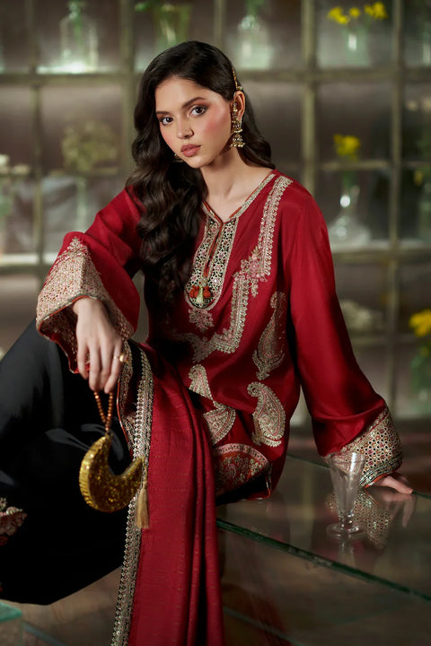 ETHNIC -  Luxury Silk Embroidered 3Pc Unstitched Kaftan | Cherry Red & Black