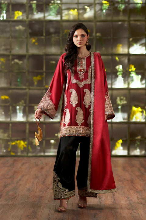 ETHNIC -  Luxury Silk Embroidered 3Pc Unstitched Kaftan | Cherry Red & Black