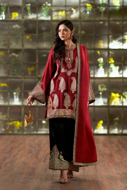 ETHNIC -  Luxury Silk Embroidered 3Pc Unstitched Kaftan | Cherry Red & Black
