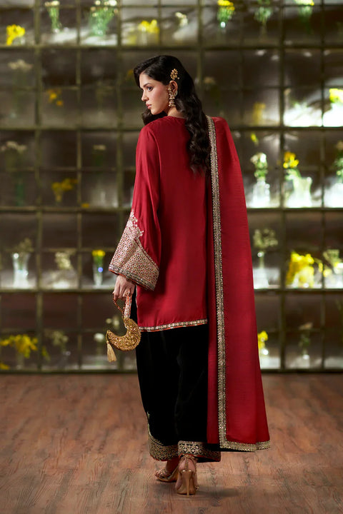 ETHNIC -  Luxury Silk Embroidered 3Pc Unstitched Kaftan | Cherry Red & Black