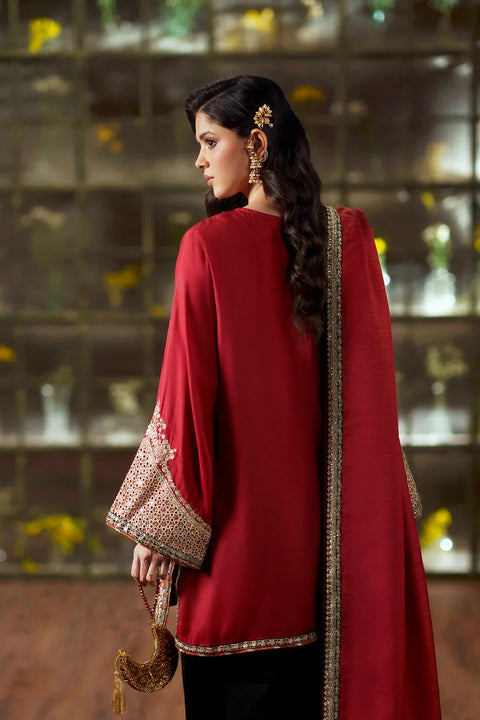 ETHNIC -  Luxury Silk Embroidered 3Pc Unstitched Kaftan | Cherry Red & Black