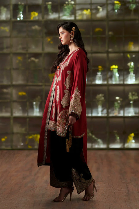 ETHNIC -  Luxury Silk Embroidered 3Pc Unstitched Kaftan | Cherry Red & Black