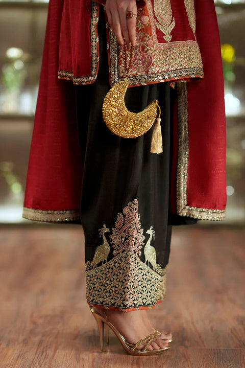 ETHNIC -  Luxury Silk Embroidered 3Pc Unstitched Kaftan | Cherry Red & Black