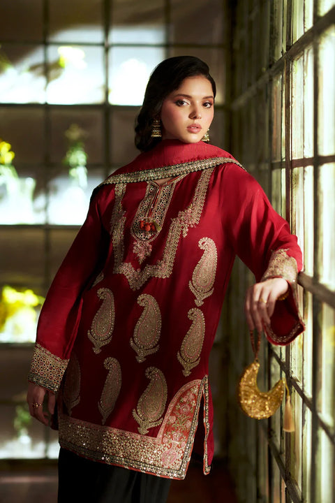 ETHNIC -  Luxury Silk Embroidered 3Pc Unstitched Kaftan | Cherry Red & Black