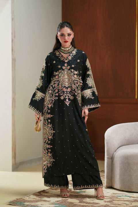 ETHNIC -  Luxury Silk Embroidered 3Pc Unstitched Suit JET BLACK | E11
