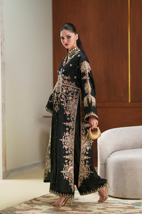 ETHNIC -  Luxury Silk Embroidered 3Pc Unstitched Suit JET BLACK | E11
