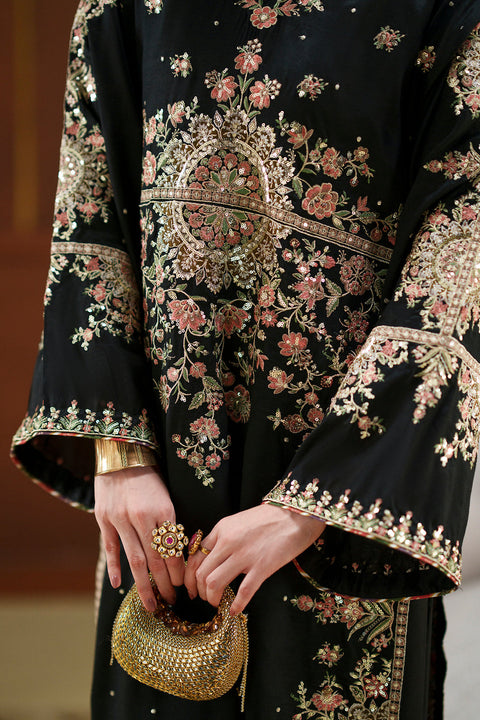 ETHNIC -  Luxury Silk Embroidered 3Pc Unstitched Suit JET BLACK | E11