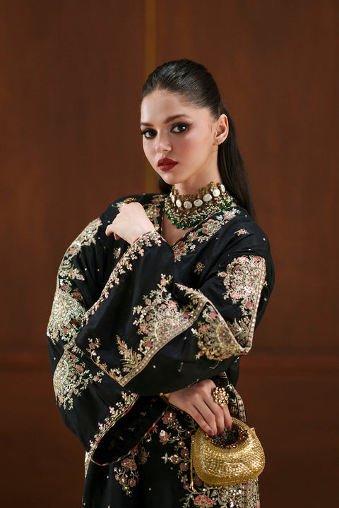ETHNIC -  Luxury Silk Embroidered 3Pc Unstitched Suit JET BLACK | E11