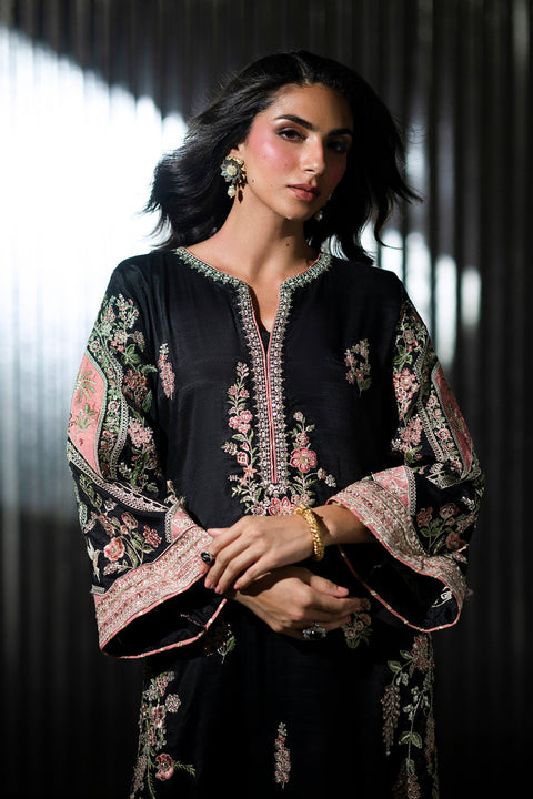 ETHNIC -  Luxury Silk Embroidered 3Pc Unstitched Suit JET BLACK | E10