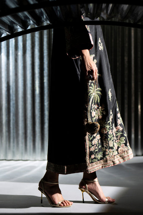 ETHNIC -  Luxury Silk Embroidered 3Pc Unstitched Suit JET BLACK | E10