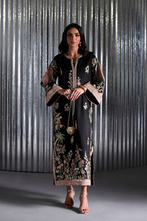 ETHNIC -  Luxury Silk Embroidered 3Pc Unstitched Suit JET BLACK | E10