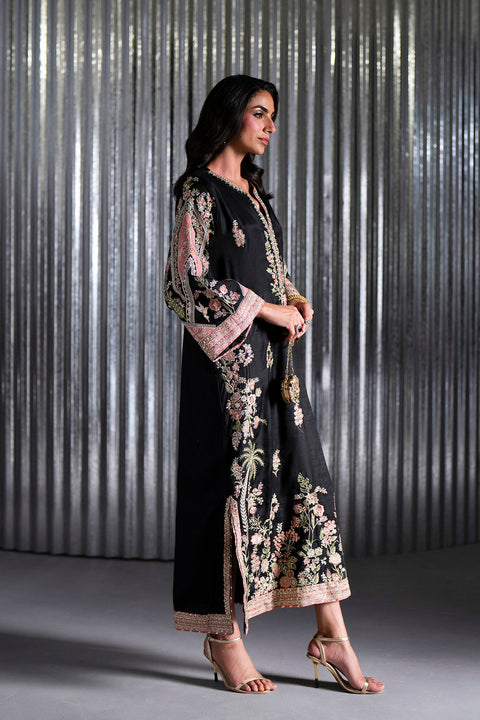 ETHNIC -  Luxury Silk Embroidered 3Pc Unstitched Suit JET BLACK | E10