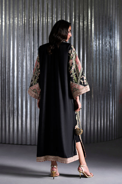 ETHNIC -  Luxury Silk Embroidered 3Pc Unstitched Suit JET BLACK | E10