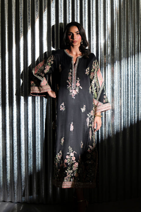 ETHNIC -  Luxury Silk Embroidered 3Pc Unstitched Suit JET BLACK | E10