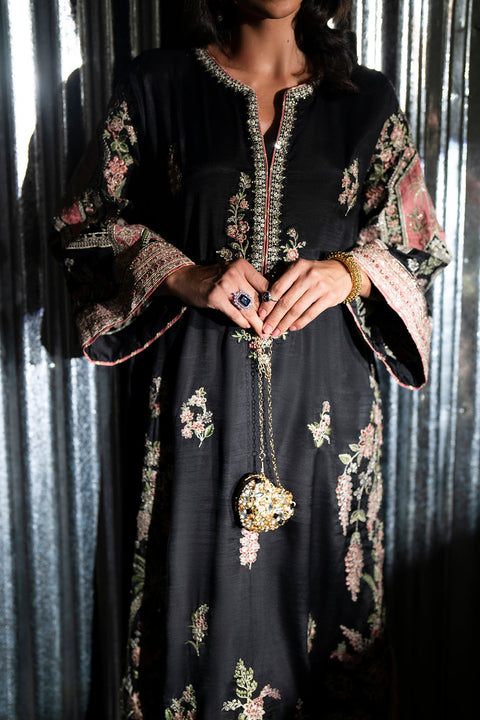 ETHNIC -  Luxury Silk Embroidered 3Pc Unstitched Suit JET BLACK | E10