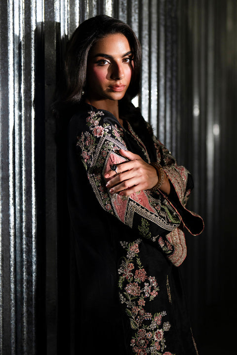 ETHNIC -  Luxury Silk Embroidered 3Pc Unstitched Suit JET BLACK | E10