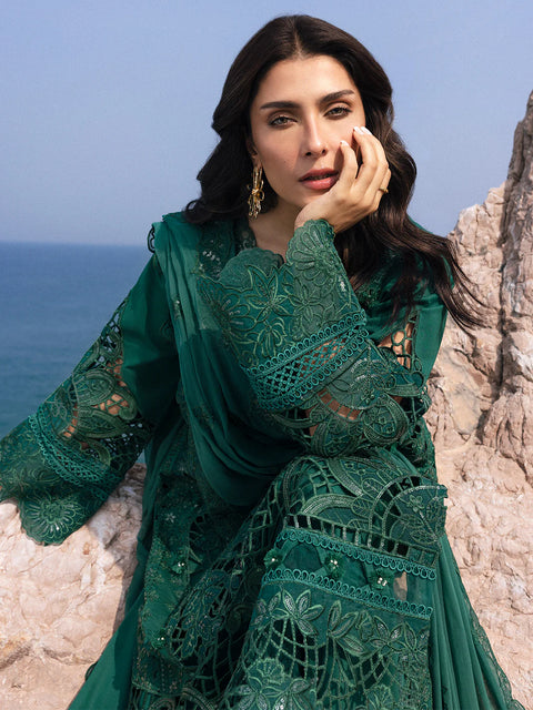 MAHNUR - 3PC LAWN EMBROIDERED SHIRT WITH CHIFFON EMBROIDERED DUPATTA AND COTTON TROUSER -Eirene