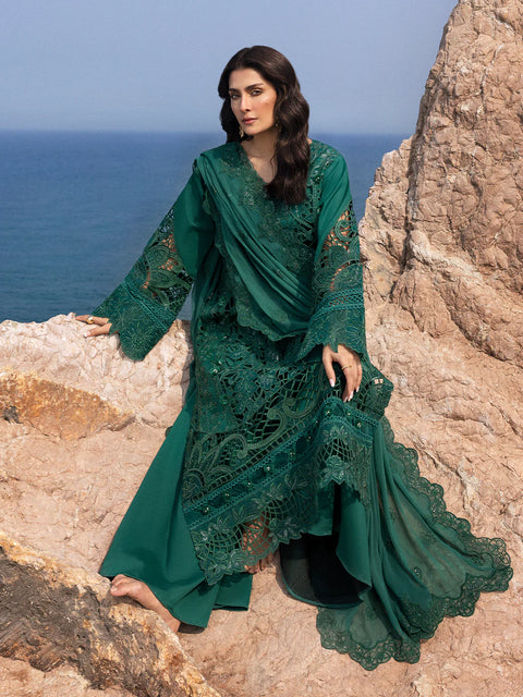 MAHNUR - 3PC LAWN EMBROIDERED SHIRT WITH CHIFFON EMBROIDERED DUPATTA AND COTTON TROUSER -Eirene