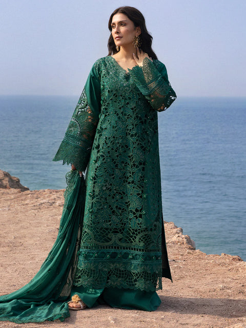 MAHNUR - 3PC LAWN EMBROIDERED SHIRT WITH CHIFFON EMBROIDERED DUPATTA AND COTTON TROUSER -Eirene