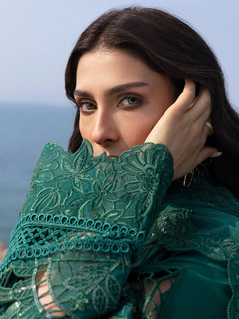 MAHNUR - 3PC LAWN EMBROIDERED SHIRT WITH CHIFFON EMBROIDERED DUPATTA AND COTTON TROUSER -Eirene