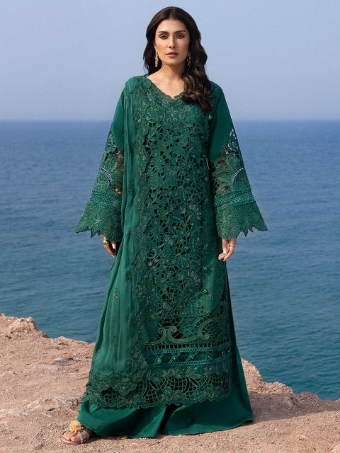 MAHNUR - 3PC LAWN EMBROIDERED SHIRT WITH CHIFFON EMBROIDERED DUPATTA AND COTTON TROUSER -Eirene
