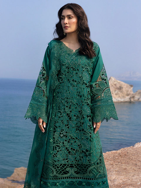 MAHNUR - 3PC LAWN EMBROIDERED SHIRT WITH CHIFFON EMBROIDERED DUPATTA AND COTTON TROUSER -Eirene