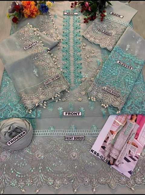 ELAF . Luxury Organza 3 Piece Unstitched Embroidered Lawn Suit | WD-1
