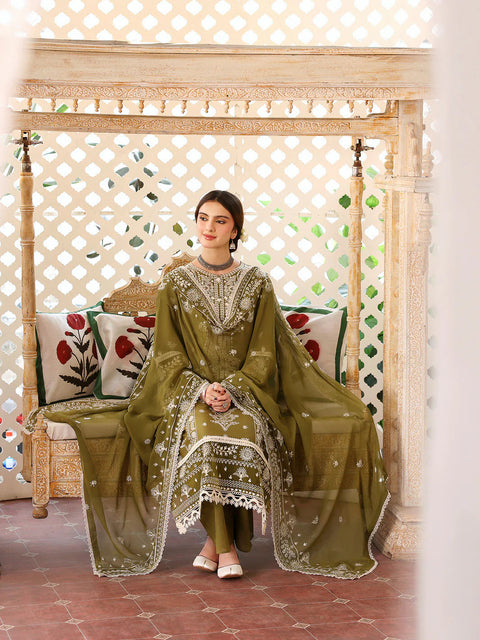 MAHNUR - 3PC DHANAK EMBROIDERED SHIRT WITH DHANAK EMBROIDERED SHAWL AND TROUSER - KPR-2227