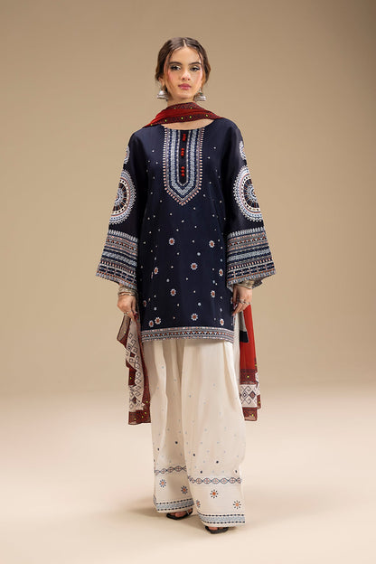 Jazmin - 3PC DHANAK EMBROIDERED SHIRT WITH TWILL DUPATTA AND COTTON TROUSER - BL-1