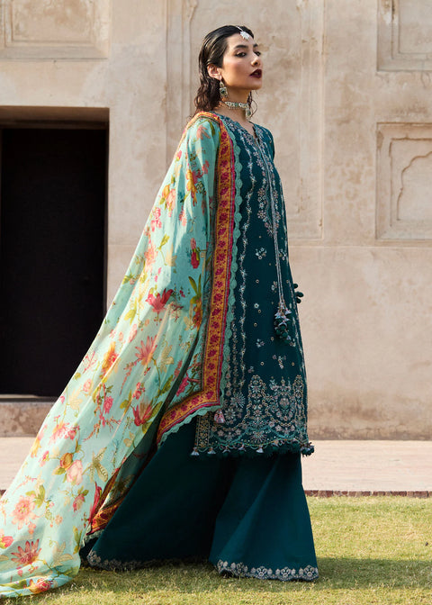 HUSSAIN REHAR - 3PC DHANAK EMBROIDERED SHIRT WITH PRINTED  SHAWL AND TROUSER - KPR- Saage-03