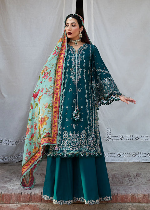 HUSSAIN REHAR - 3PC DHANAK EMBROIDERED SHIRT WITH PRINTED  SHAWL AND TROUSER - KPR- Saage-03
