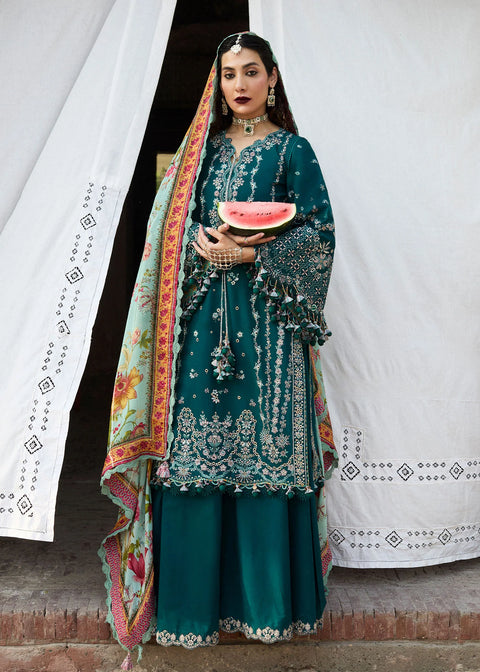 HUSSAIN REHAR - 3PC DHANAK EMBROIDERED SHIRT WITH PRINTED  SHAWL AND TROUSER - KPR- Saage-03